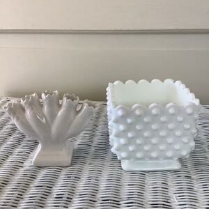 Antique Fenton Hobnail White Milk Glass Vase + White 5 Finger Vase Portugal